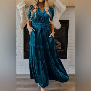 NEW Smocked Waist, Tiered Velvet Maxi Dress Cut Like Somerset, Bright Ocean Blue